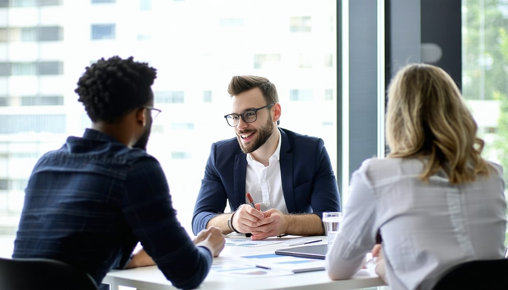 Business consultant discussing solutions with clients Business consultant discussing solutions with clients